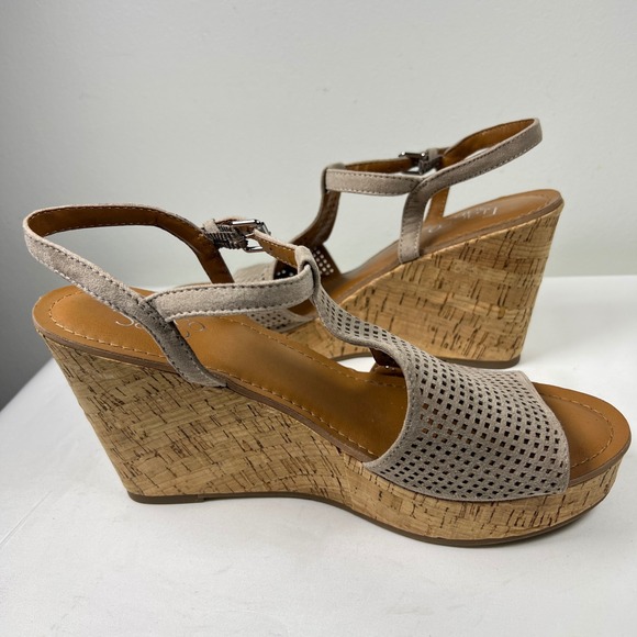 Franco Sarto Wedge Sandals Cork Perforated T Strap Adjust Buckle Taupe Size 10 - Picture 8 of 10